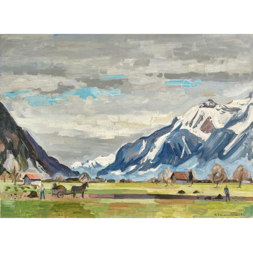 ALBERT NEUENSCHWANDER : Weites Bergtal mit Bauern bei der Ernte (DOBIASCHOFSKY AUKTIONEN AG)
