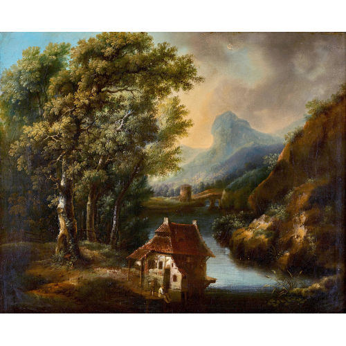 18. JH. DEUTSCHLAND : Bergige Flusslandschaft mit Haus am Ufer (DOBIASCHOFSKY AUKTIONEN AG)
