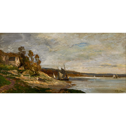 JULES CHARLES ROZIER : Uferlandschaft mit Segelschiffen (DOBIASCHOFSKY AUKTIONEN AG)