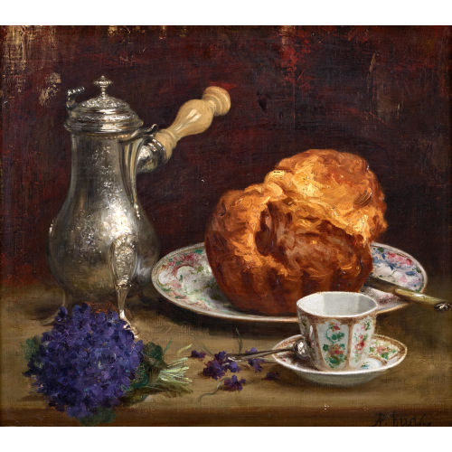 PIERRE ADOLPHE HUAS : Tischstillleben mit Verseuse, Brioche, Porzellan und Veilchenstrauss (DOBIASCHOFSKY AUKTIONEN AG)