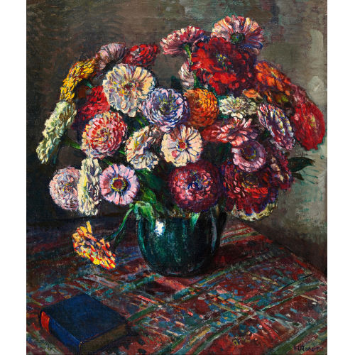 HENRI MARCEL ROBERT : Stillleben mit Buch und Zinnien in Krug (DOBIASCHOFSKY AUKTIONEN AG)