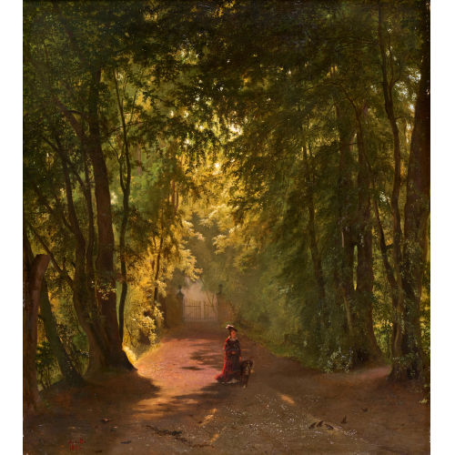 ABRAHAM SIGMUND AUGUST VON BONSTETTEN : Dame mit Hund im Park (DOBIASCHOFSKY AUKTIONEN AG)