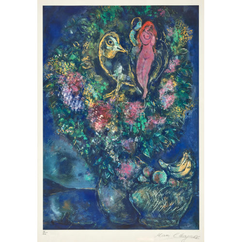 MARC CHAGALL : Blumenstrauss mit Vogel und Liebespaar. Bs (DOBIASCHOFSKY AUKTIONEN AG)