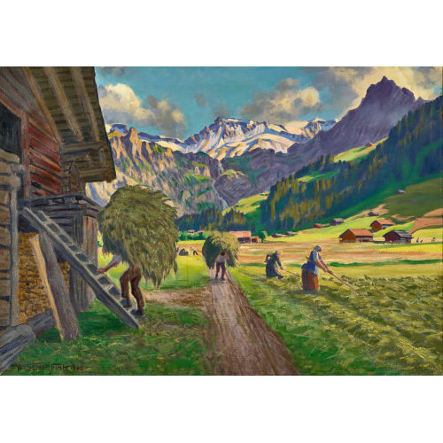 WALDEMAR THEOPHIL FINK : 'Heuernte, Adelboden' (DOBIASCHOFSKY AUKTIONEN AG)