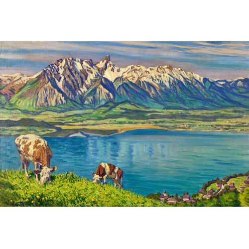 WALDEMAR THEOPHIL FINK : Fr�hling am Thunersee mit Stockhorn (DOBIASCHOFSKY AUKTIONEN AG)