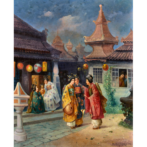 R. YOSHIDA : Drei Geishas im Hof (DOBIASCHOFSKY AUKTIONEN AG)