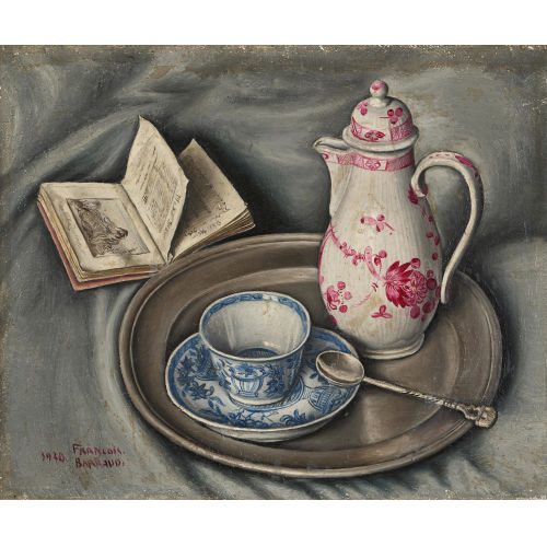 FRAN�OIS �MILE BARRAUD : Stillleben mit Kaffeegeschirr, Zinnteller und Buch (DOBIASCHOFSKY AUKTIONEN AG)