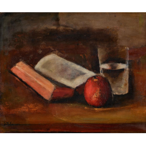 JOHANN WILHELM VON TSCHARNER : Stillleben mit Buch, Apfel und Wasserglas (DOBIASCHOFSKY AUKTIONEN AG)