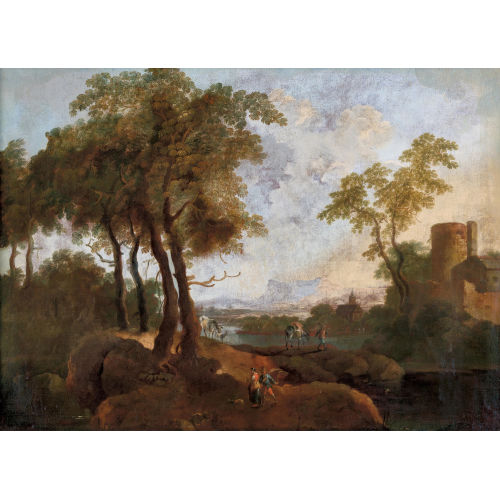 18. JH. FRANKREICH : Flusslandschaft mit Turm, Kirche und Staffage (DOBIASCHOFSKY AUKTIONEN AG)
