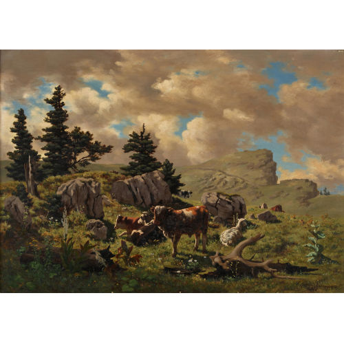 FRITZ-�DOUARD HUGUENIN-LASSAUGUETTE : K�he und Schaf auf der Alp (DOBIASCHOFSKY AUKTIONEN AG)