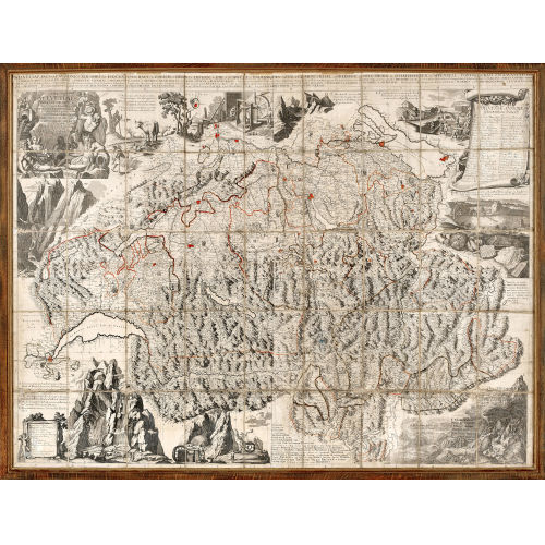 JOHANN JAKOB SCHEUCHZER : 'Nova Helvetiae Tabula Geographica Illustrissimis et Potentissimis Cantonibus et Rebuspublicis Reformatae Religionis Tigurinae. Bernensi. Glaronensi. Basiliensi. Scaphusianae. Abbatiscellanae. Dominis suis Clementissimis humillim� dicata A Ioh. Iacobo Scheuchzeri Tigurino Med: D: Math: Prof. 1712'.<br>(DOBIASCHOFSKY AUKTIONEN AG)