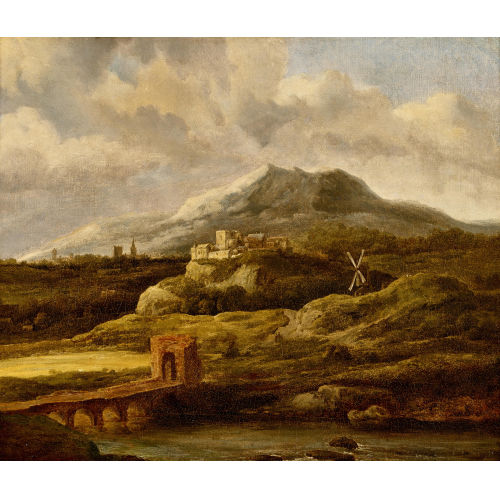 JACOB ISAACKSZ. VAN RUISDAEL : Bergige Landschaft mit Flussbr�cke, Stadt und M�hle (DOBIASCHOFSKY AUKTIONEN AG)
