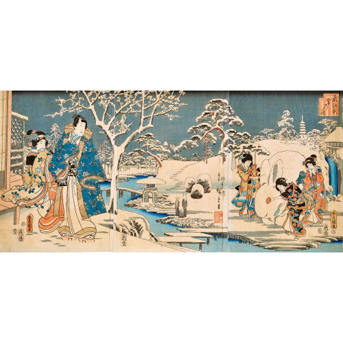 KUNISADA (TOYOKUNI III) UTAGAWA : Triptychon '�stliches Genji: Der Garten im Schnee (Azuma Genji yuki no niwa)' (DOBIASCHOFSKY AUKTIONEN AG)
