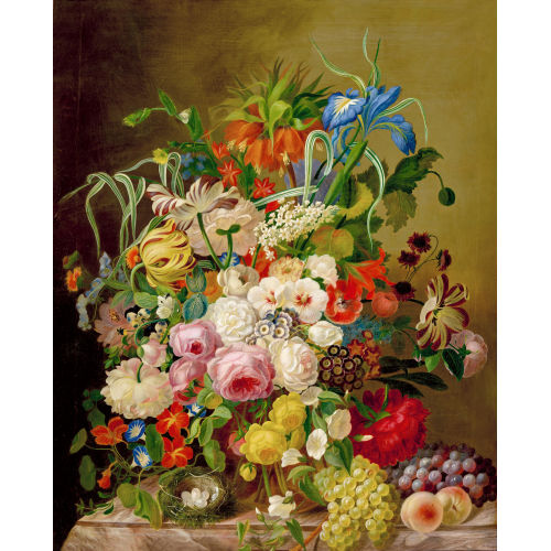 19. JH. HOLLAND : Opulentes Blumenstillleben mit Fr�chten und Vogelnest (DOBIASCHOFSKY AUKTIONEN AG)