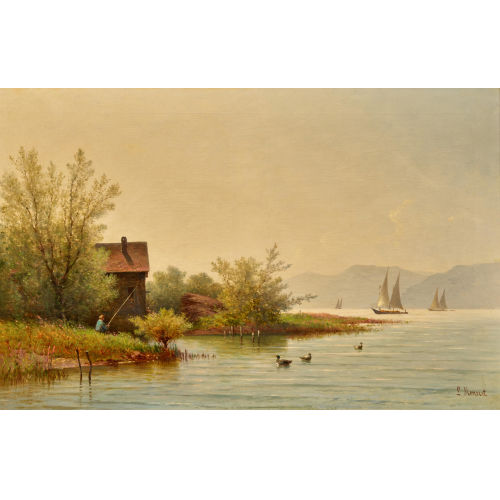 LOUIS MENNET : Uferpartie am Genfersee mit Enten und Angler (DOBIASCHOFSKY AUKTIONEN AG)