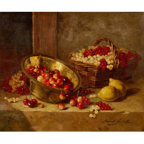 ALFRED ARTHUR BRUNEL DE NEUVILLE : Stillleben mit Kirschen, Johannisbeeren und Zitronen (DOBIASCHOFSKY AUKTIONEN AG)