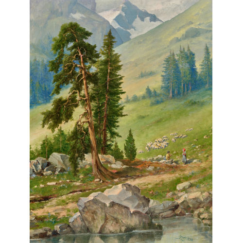 ANTONIO DE GRADA : Tessiner Alp mit Hirtenpaar und Schafen (DOBIASCHOFSKY AUKTIONEN AG)