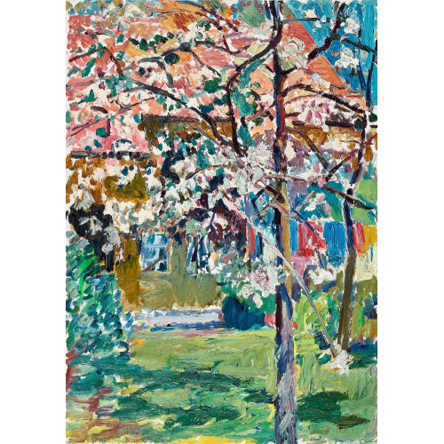 ADOLF WEBER : Garten mit bl�henden B�umen und W�sche an W�scheleine (DOBIASCHOFSKY AUKTIONEN AG)