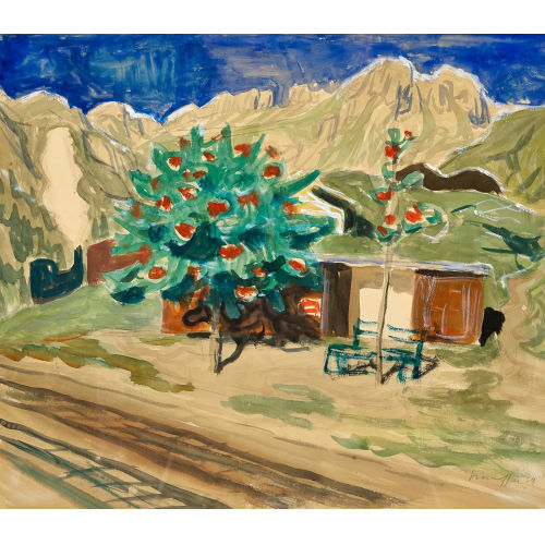 FRED STAUFFER : Berglandschaft mit Unterstand und Strasse (DOBIASCHOFSKY AUKTIONEN AG)