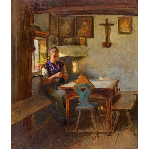 KARL FRIEDRICH GSUR : Stubeninterieur mit strickender B�uerin (DOBIASCHOFSKY AUKTIONEN AG)