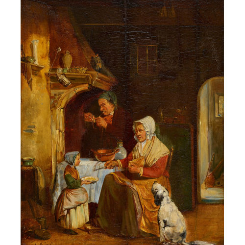 FERDINAND I DE BRAEKELEER : K�cheninterieur mit �lterem Paar, Kind und Hund (DOBIASCHOFSKY AUKTIONEN AG)