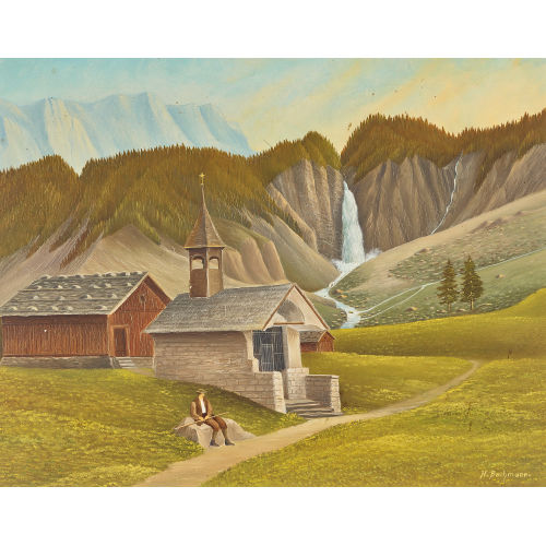 HANS BACHMANN : Berglandschaft mit Kapelle und Wasserfall (DOBIASCHOFSKY AUKTIONEN AG)