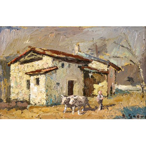 ANGELO GIORGETTI : Haus im Tessin mit Bauer und Ochsenpaar (DOBIASCHOFSKY AUKTIONEN AG)
