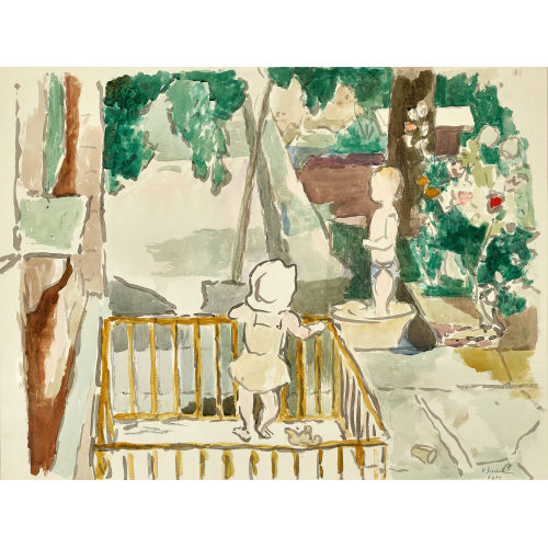 VICTOR SURBEK : Zwei Kleinkinder mit Laufgitter im Garten (DOBIASCHOFSKY AUKTIONEN AG)