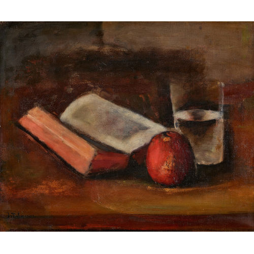 JOHANN WILHELM VON TSCHARNER : Stillleben mit Buch, Apfel und Wasserglas (DOBIASCHOFSKY AUKTIONEN AG)