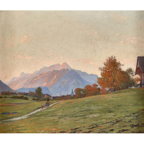 AUGUSTE BAUD-BOVY : Abendliche Landschaft bei Aeschi mit Ziegenhirt auf dem Weg (DOBIASCHOFSKY AUKTIONEN AG)
