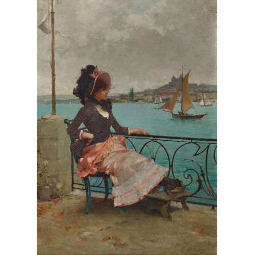 �MILE AUGUSTE PINCHART : Sitzende elegante Dame mit Fussschemel im Freien (DOBIASCHOFSKY AUKTIONEN AG)