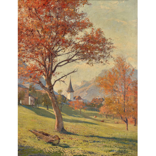 AUGUSTE BAUD-BOVY : 'Le clocher d'Aeschi (depuis chez Hans avec son gros poirier)' (DOBIASCHOFSKY AUKTIONEN AG)