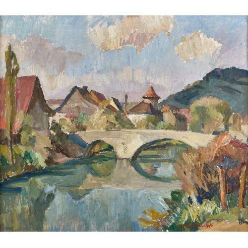 AUGUST CUENI : Sommerliche Landschaft bei Laufen mit Brcke (DOBIASCHOFSKY AUKTIONEN AG)