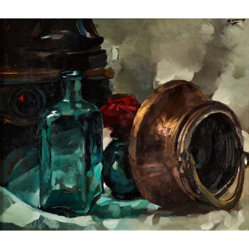 WILLIBALD DEMMEL : Stillleben mit Kupfergef�ss, Glasflasche und Rose (DOBIASCHOFSKY AUKTIONEN AG)