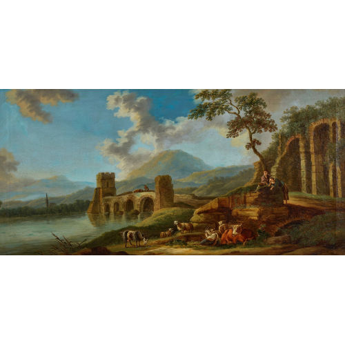 JOHANN HEINRICH ROOS : Die Milvische Br�cke in Rom mit Vieh und Hirtenpaar (DOBIASCHOFSKY AUKTIONEN AG)