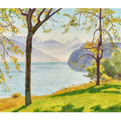 PLINIO COLOMBI : Herbstlicher Thunersee mit Stockhorn (DOBIASCHOFSKY AUKTIONEN AG)