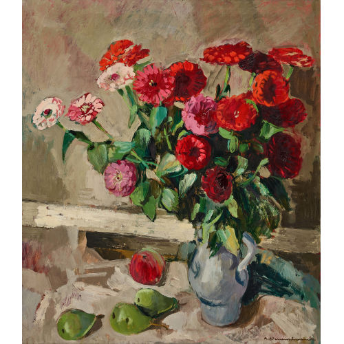 ALBERT NEUENSCHWANDER : Zinnien in Westerw�lder Steinzeugkrug (DOBIASCHOFSKY AUKTIONEN AG)