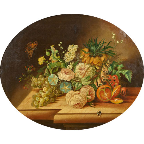 CARL FRIEDRICH L�FFLER : Stillleben mit Blumen, Fr�chten, Schmetterling und Hummel (DOBIASCHOFSKY AUKTIONEN AG)