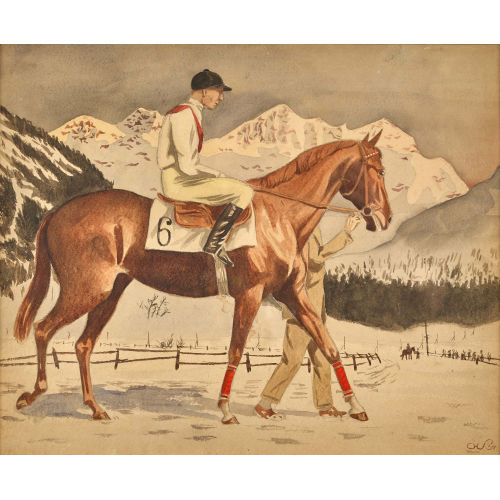 KARL (AUCH CHARLY) STROBL : Jockey auf Pferd im winterlichen Bevers (DOBIASCHOFSKY AUKTIONEN AG)