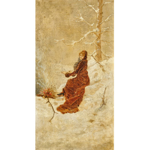 MAURICE DELCOURT : Winterlandschaft mit eleganter Dame am Feuer (DOBIASCHOFSKY AUKTIONEN AG)