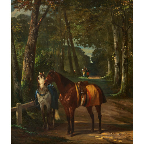 ALFRED CHARLES FERDINAND DECAEN : Zwei angebundene Pferde am Wegrand (DOBIASCHOFSKY AUKTIONEN AG)
