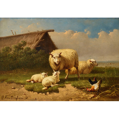 JOSEPH VAN DIEGHEM : Schafe und H�hner auf der Wiese (DOBIASCHOFSKY AUKTIONEN AG)