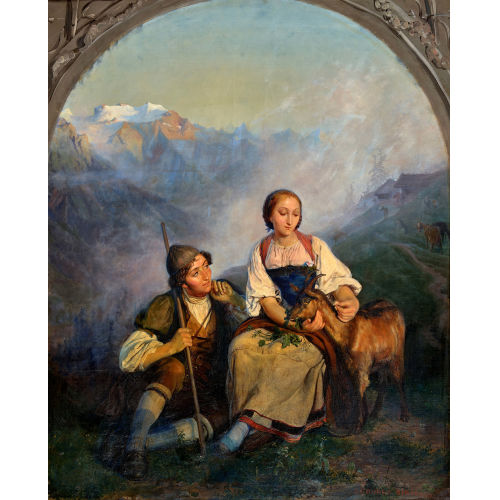 �DOUARD-HENRI GIRARDET : Junges Hirtenpaar mit Ziege vor Gebirgslandschaft (DOBIASCHOFSKY AUKTIONEN AG)