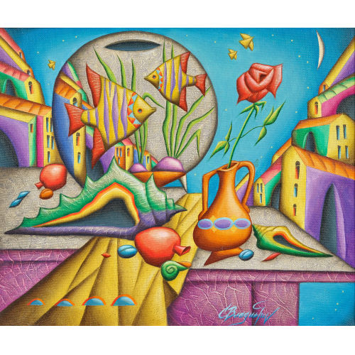 SERGEI VLADIMIROV : Surreales Stillleben mit Fischen und Muscheln (DOBIASCHOFSKY AUKTIONEN AG)