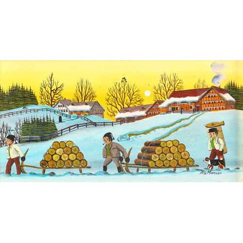 ALBERT MANSER : Appenzeller Landschaft mit winterlichen Holzfuhren (DOBIASCHOFSKY AUKTIONEN AG)