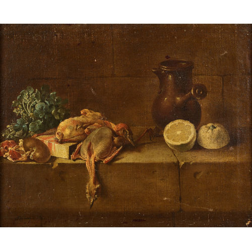 JEAN-JOSEPH-XAVIER BIDAULD : Stillleben mit gerupftem Federvieh, Zitrone und Verseuse (DOBIASCHOFSKY AUKTIONEN AG)