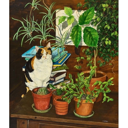 HELEN G�DEL : Stillleben mit Zimmerpflanzen, Katze und B�cherstapel (DOBIASCHOFSKY AUKTIONEN AG)