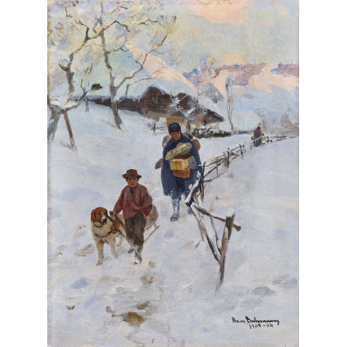 HANS BACHMANN : Wintermorgen auf dem Land mit Paketbote (DOBIASCHOFSKY AUKTIONEN AG)