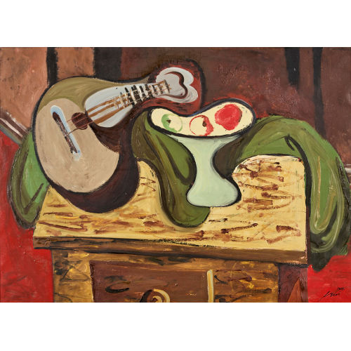 HANS ERNI : 'Stillleben mit Mandoline und Fr�chteschale auf Tisch' (DOBIASCHOFSKY AUKTIONEN AG)