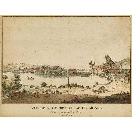 JOHANN LUDWIG ABERLI : 'Vue de Nidau, pr�s du Lac de Bienne' (DOBIASCHOFSKY AUKTIONEN AG)